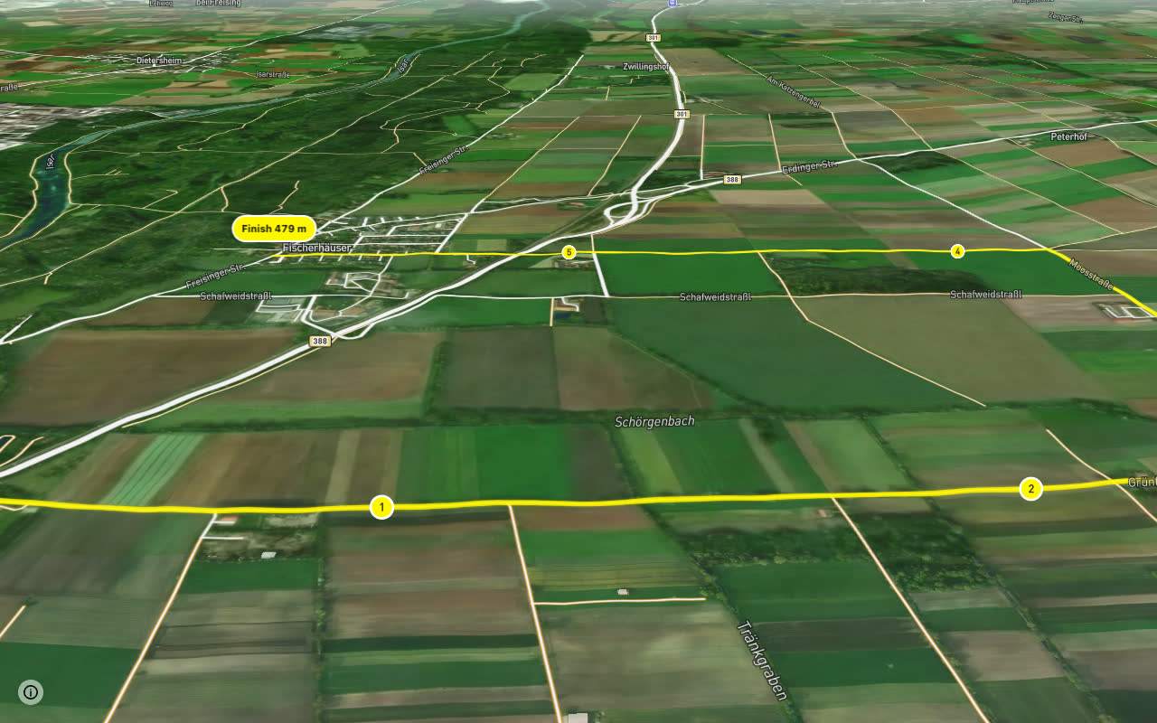 Radverkehrsnetz des Landkreises München seen over 3D terrain