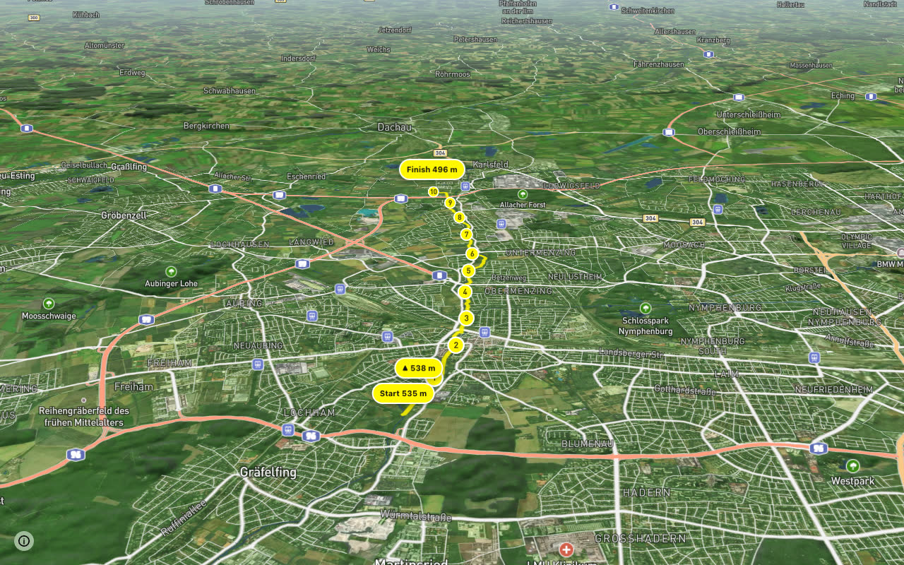 Würmradweg (Grünes Band) seen over 3D terrain