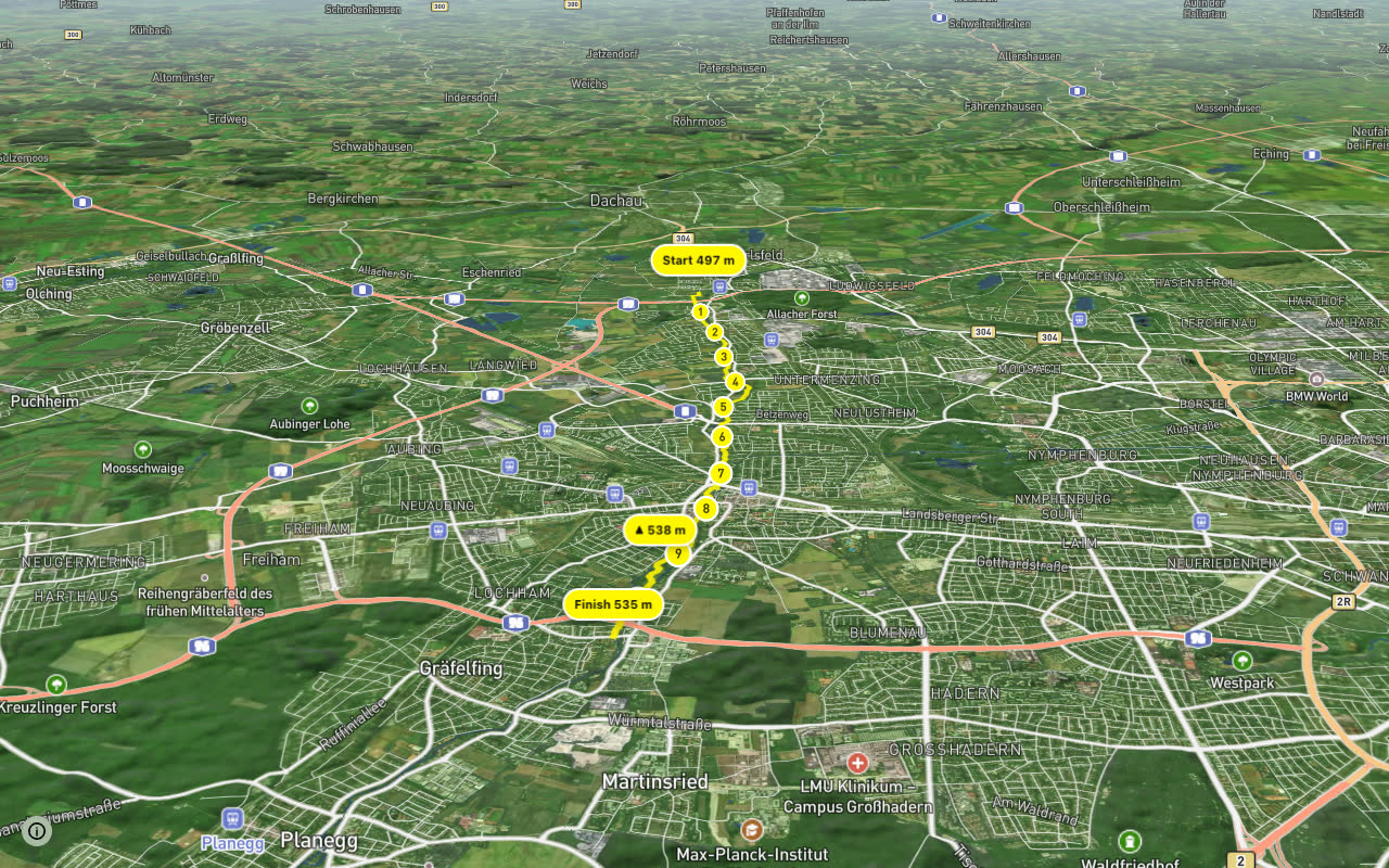 Würmtalradweg seen over 3D terrain