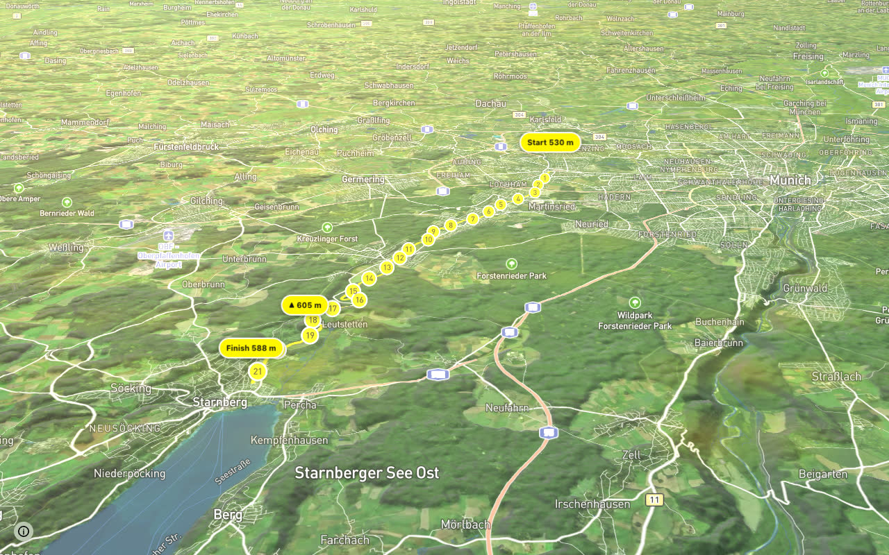 Würmtalradweg seen over 3D terrain