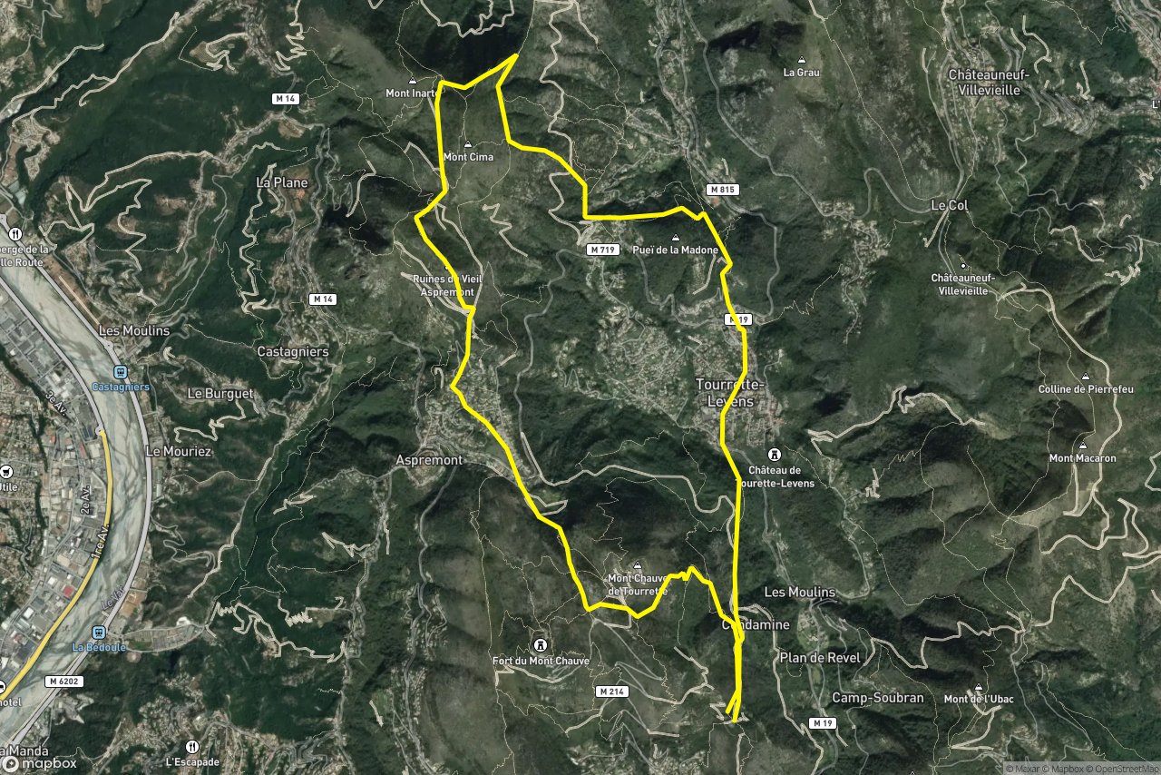 Boulevard Léon Sauvan – Chemin de la Prairie 17 km loop seen over 3D terrain