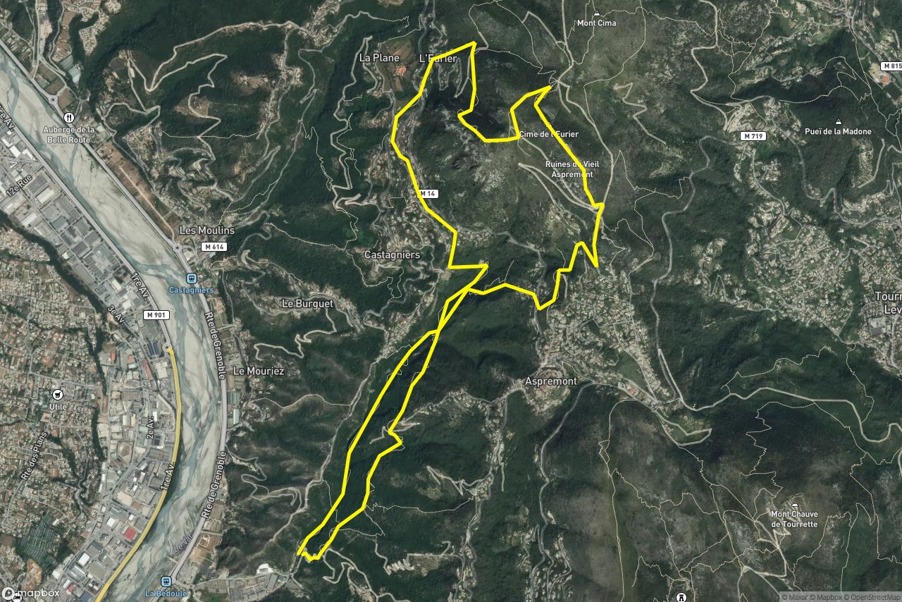 Caire Soutran – Chemin de la Fonte n°1 14 km loop seen over 3D terrain