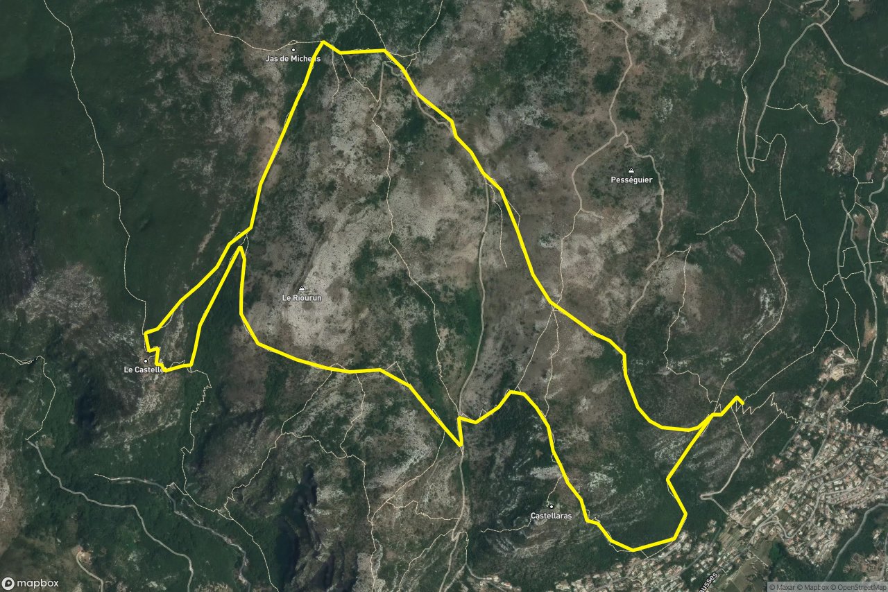 Chemin du Pont de la Cagne 13 km loop seen over 3D terrain