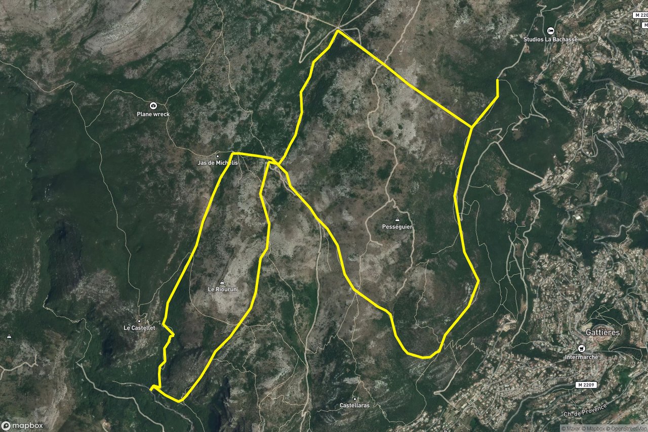 Chemin du Pont de la Cagne 17 km loop seen over 3D terrain