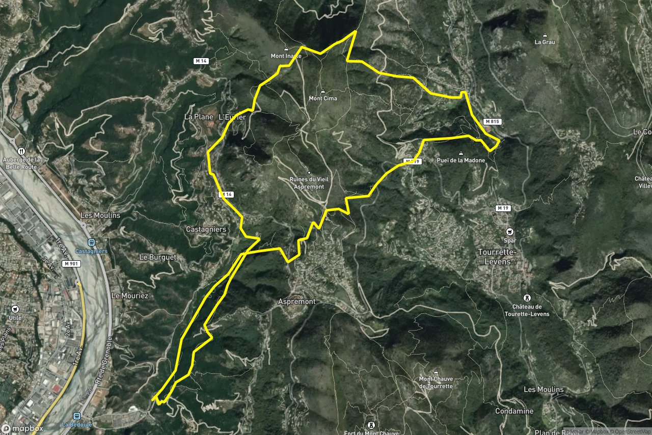Route d'Aspremont – Chemin du Plan d'Ariou 20 km loop seen over 3D terrain