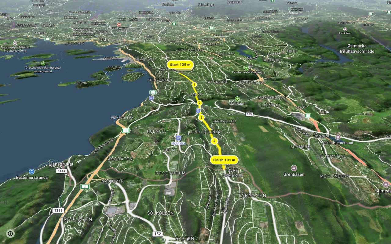 Ekebergveien (sykkelrute) seen over 3D terrain