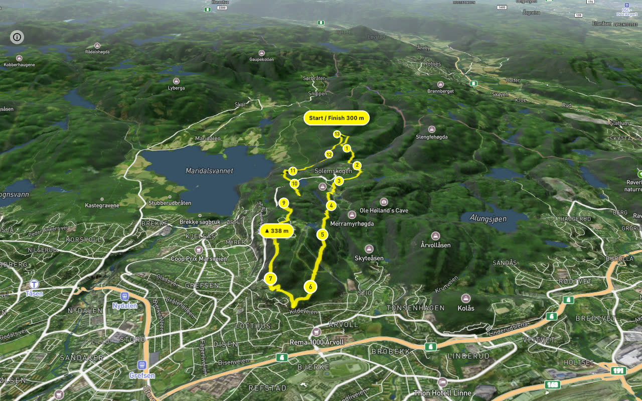 Gryteveien – Akebakkeskogen 13 km loop seen over 3D terrain