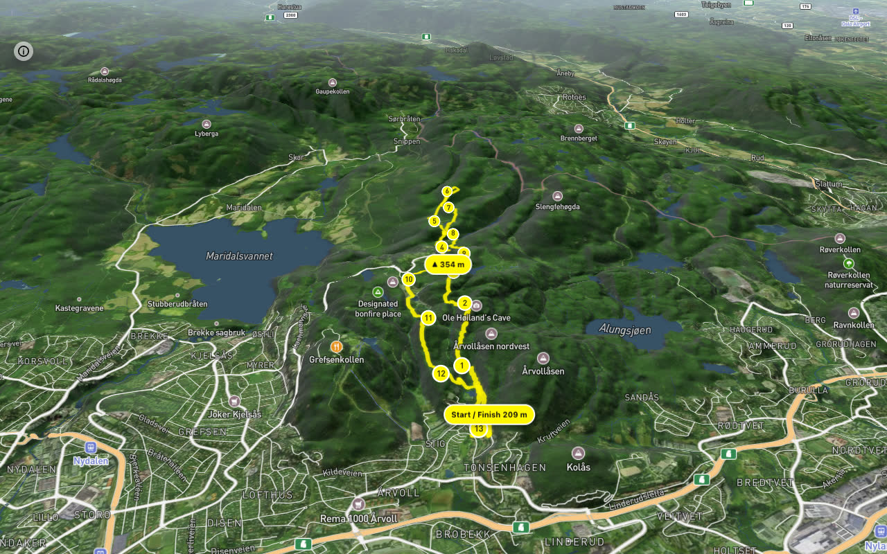 Gryteveien – Glassbergløypa 13 km loop seen over 3D terrain