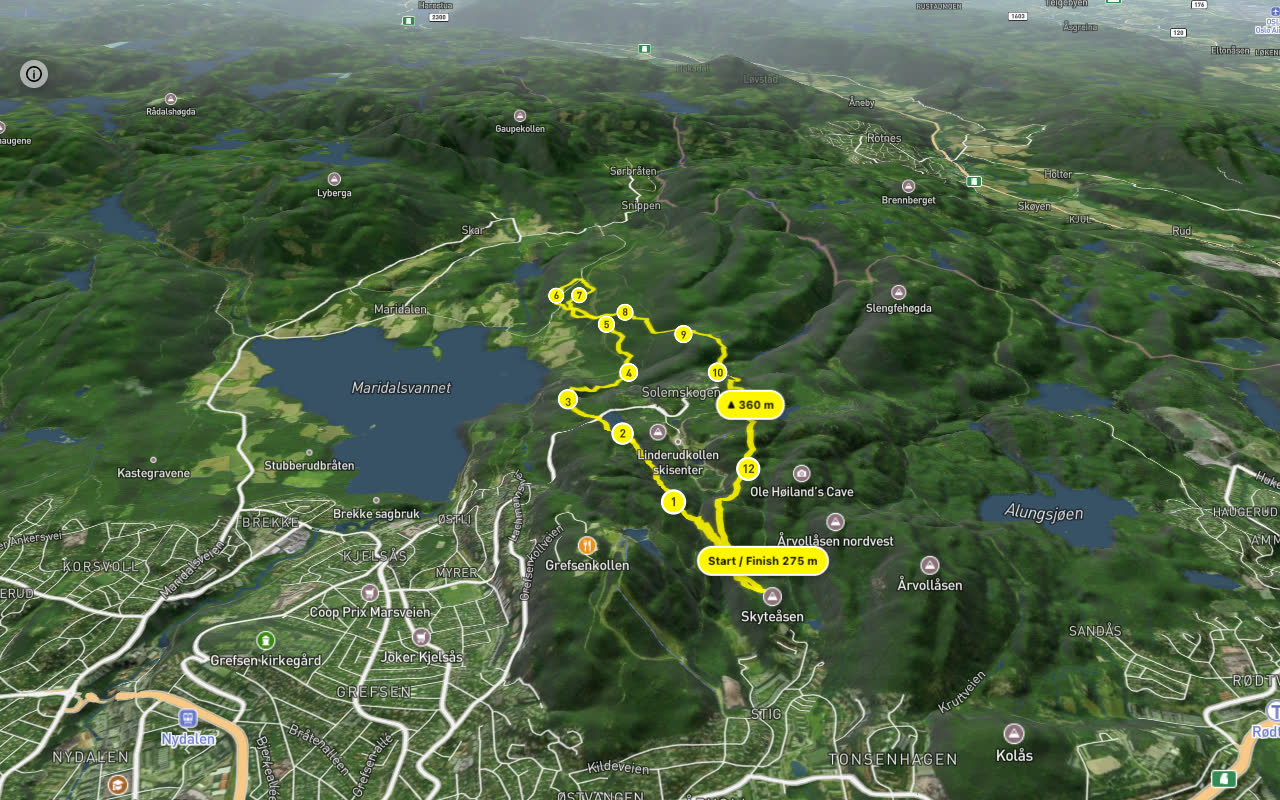 Gryteveien – Greveveien 13 km loop seen over 3D terrain