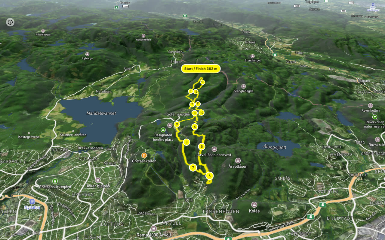 Gryteveien – Hadelandsveien 13 km loop seen over 3D terrain
