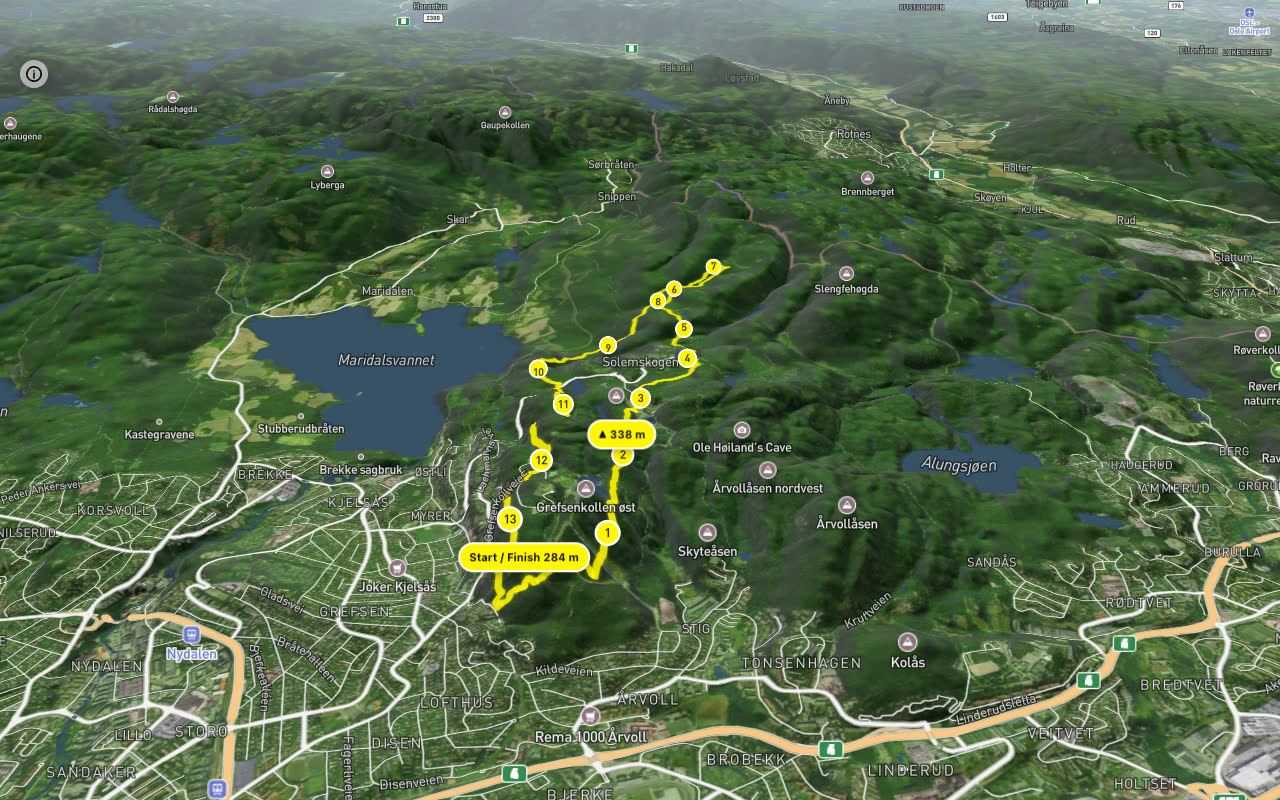 Gryteveien – Solemskogveien 14 km loop seen over 3D terrain
