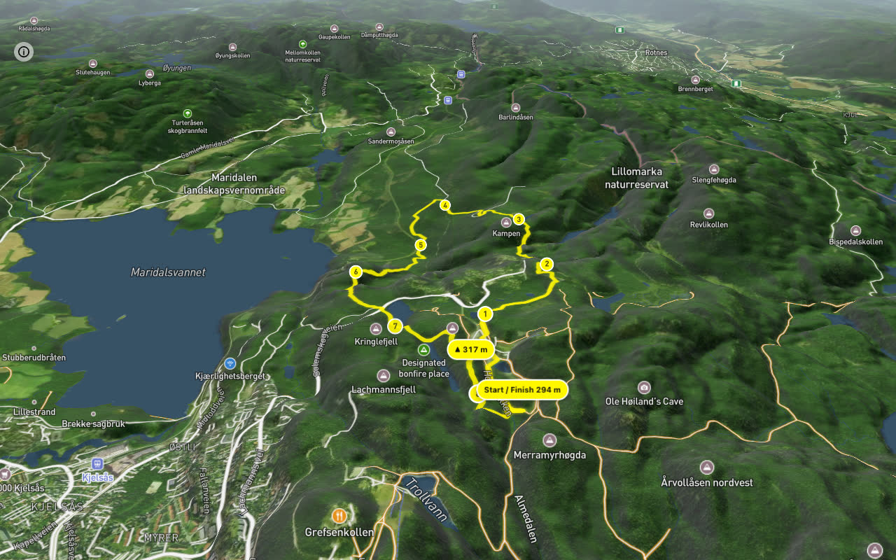 Gryteveien – Solemskogveien 8 km loop seen over 3D terrain
