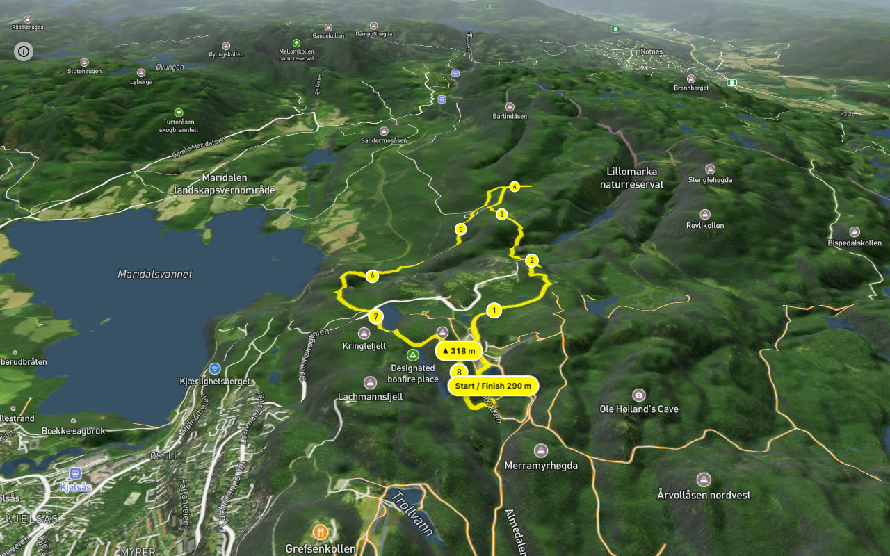 Gryteveien – Solemskogveien 8 km loop seen over 3D terrain