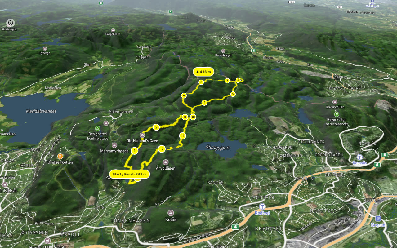Hadelandsveien – Berminator 13 km loop seen over 3D terrain