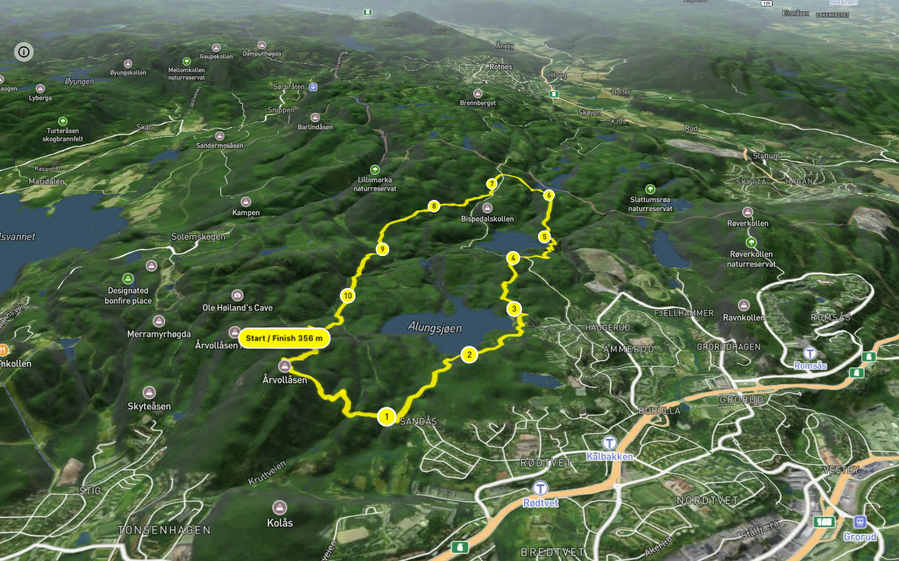 Hadelandsveien – Gamle Lilloseterveien 11 km loop seen over 3D terrain