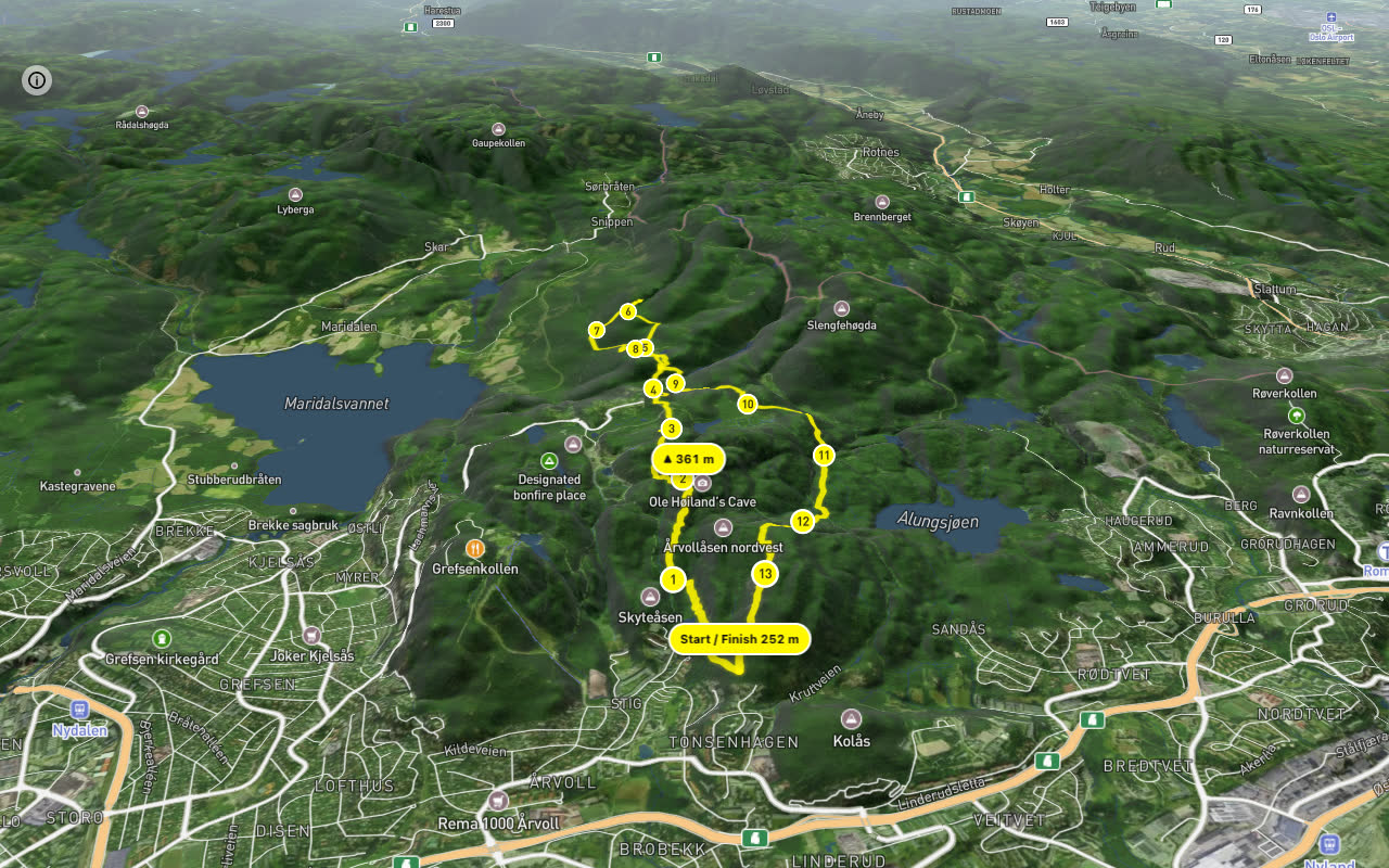 Hadelandsveien – Gryteveien 14 km loop seen over 3D terrain