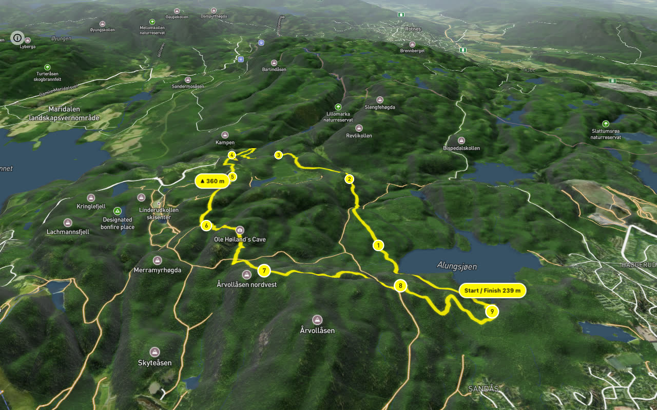 Hadelandsveien – Gryteveien 9 km loop seen over 3D terrain
