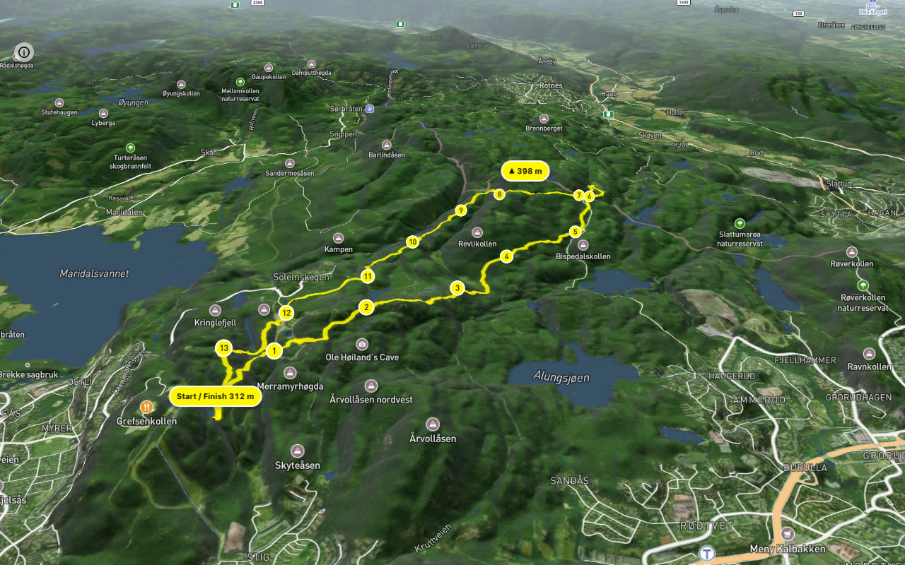 Hadelandsveien – Lilloseterveien 14 km loop seen over 3D terrain