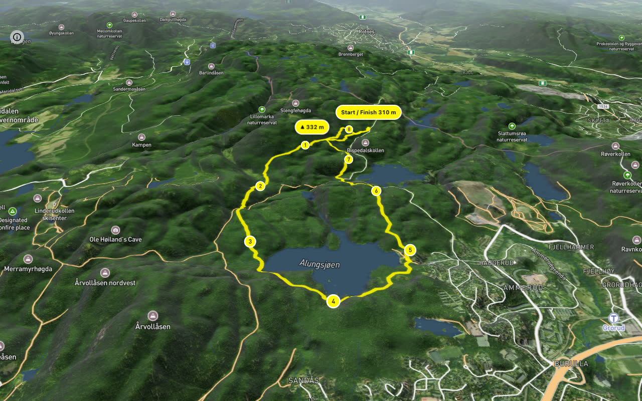 Hadelandsveien – Lilloseterveien 8 km loop seen over 3D terrain