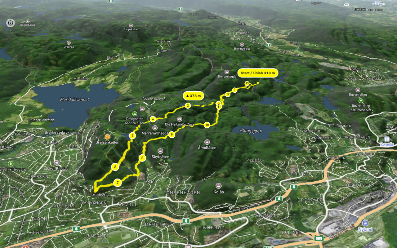 Hadelandsveien – Stigbakken 14 km loop seen over 3D terrain