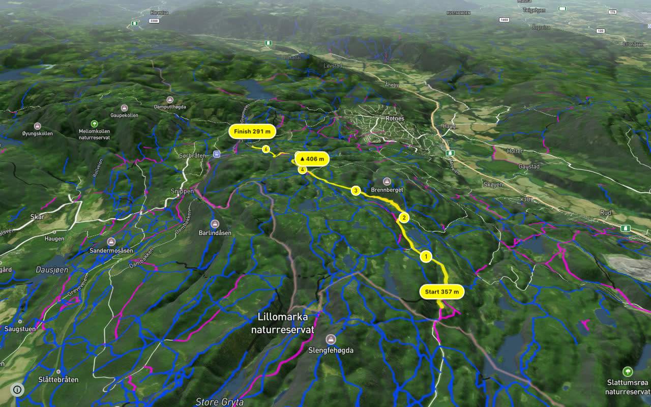 Helårstrasé Lilloseter - Sinober - Burås seen over 3D terrain