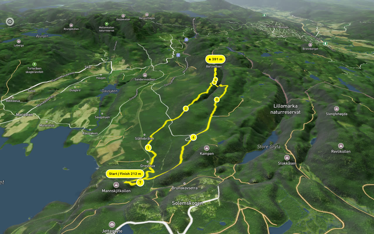 Maridalen 7 km loop seen over 3D terrain