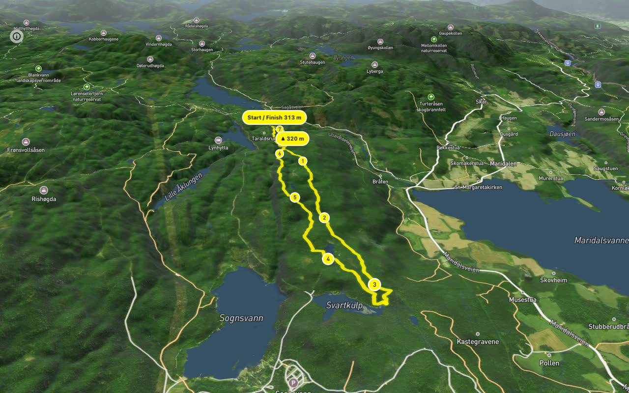 Maridalen 7 km loop seen over 3D terrain