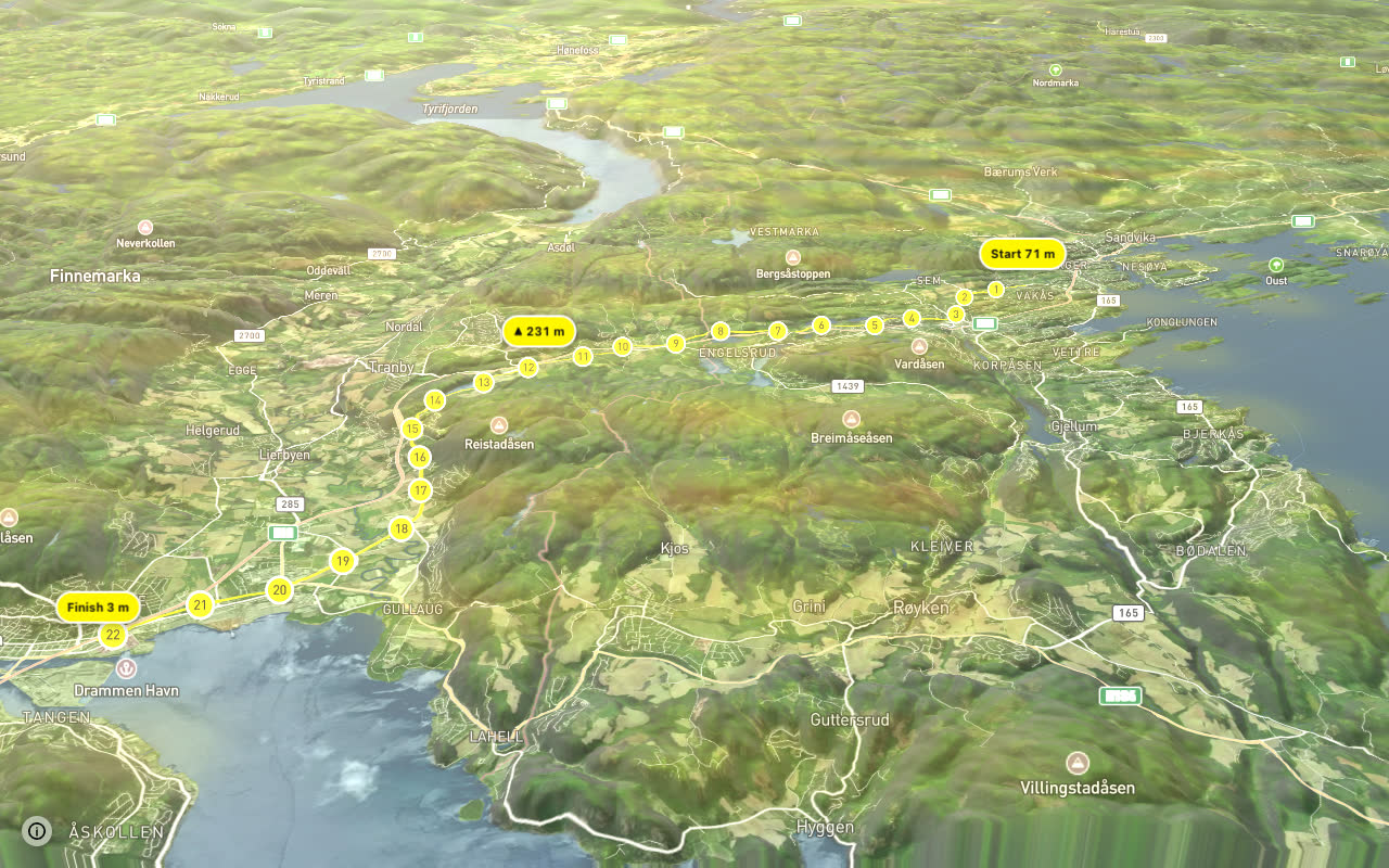 Nasjonal sykkelrute 1 (Indre Oslofjord) seen over 3D terrain