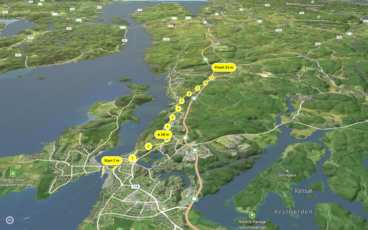 Nasjonal sykkelrute 7 (Moss - Oslo) seen over 3D terrain