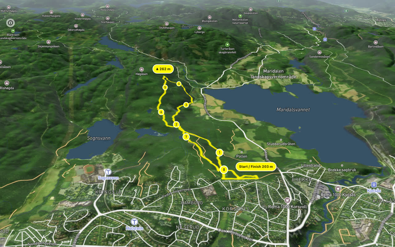 Peder Ankers vei – Påls vei 9 km loop seen over 3D terrain