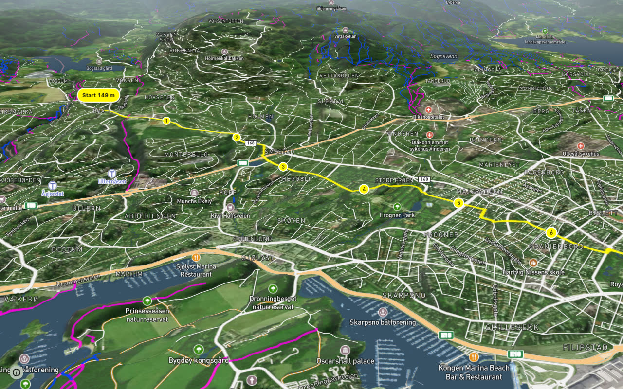 Sørkedalsveien (sykkelrute) seen over 3D terrain