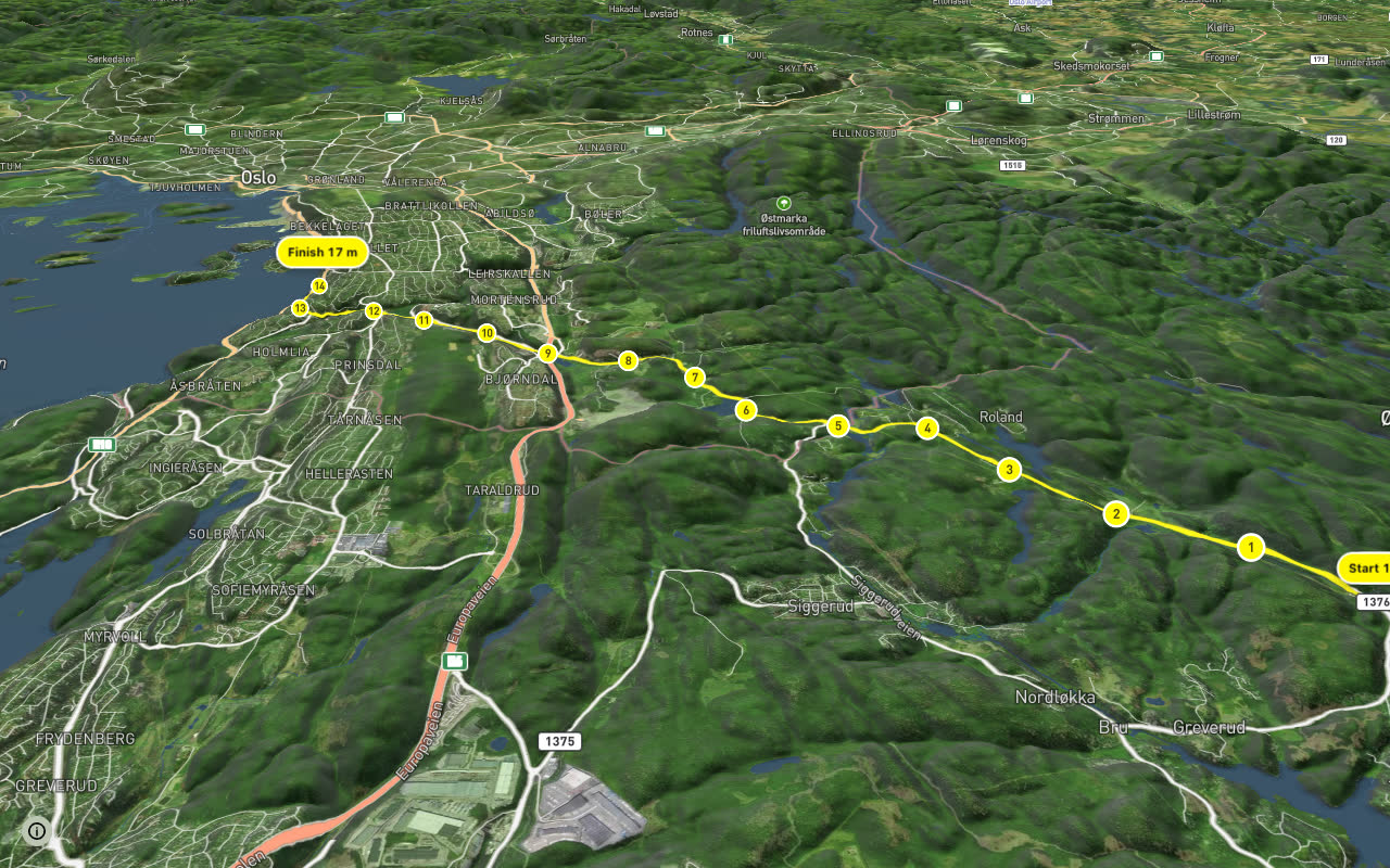 Sykkelrute 155 seen over 3D terrain