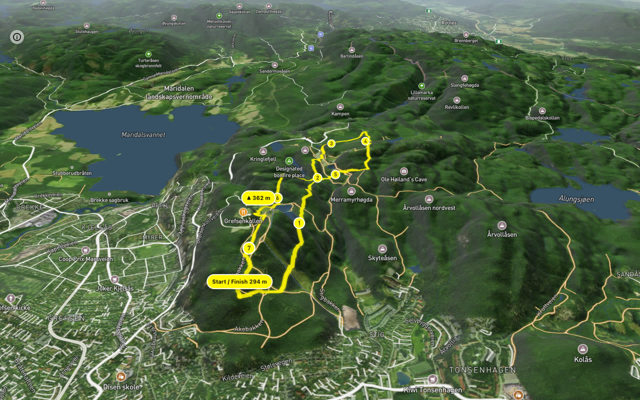 Trollvannsveien – Akebakken 7 km loop seen over 3D terrain
