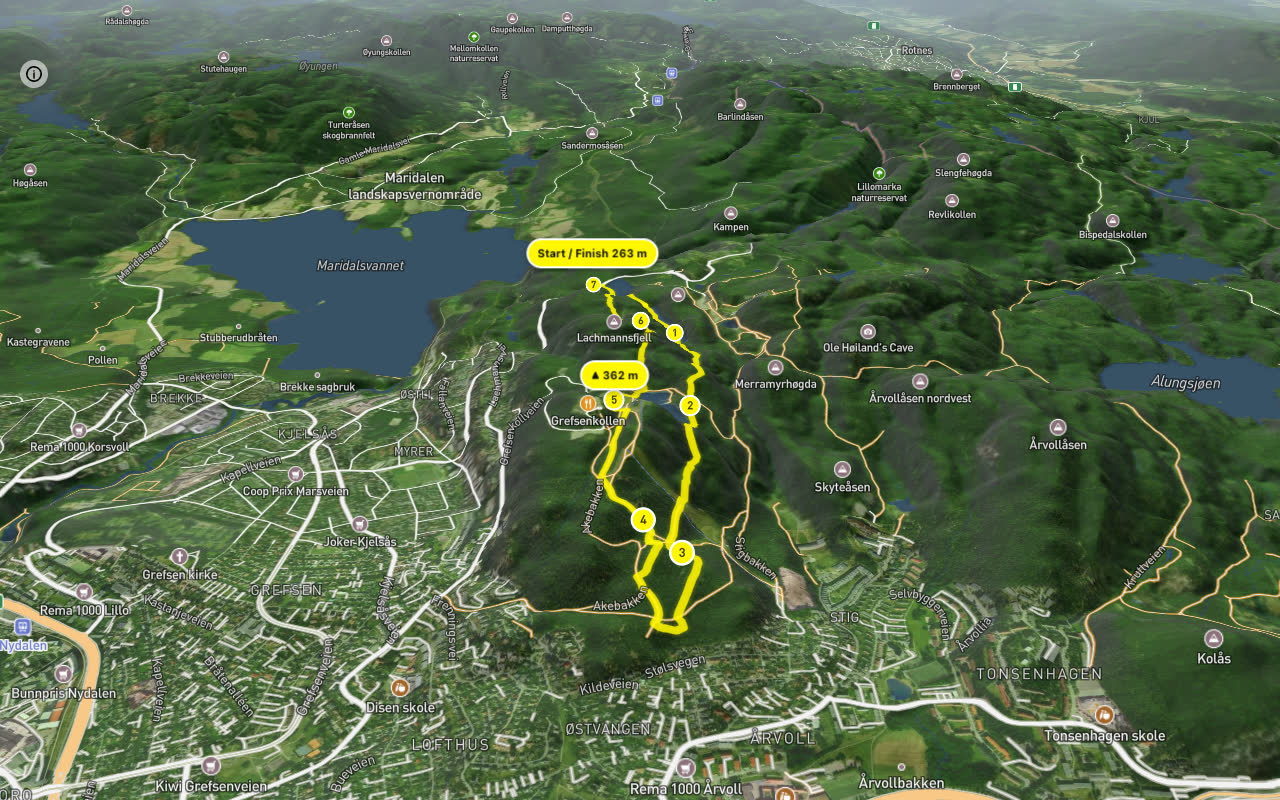 Trollvannsveien – Akebakken 7 km loop seen over 3D terrain