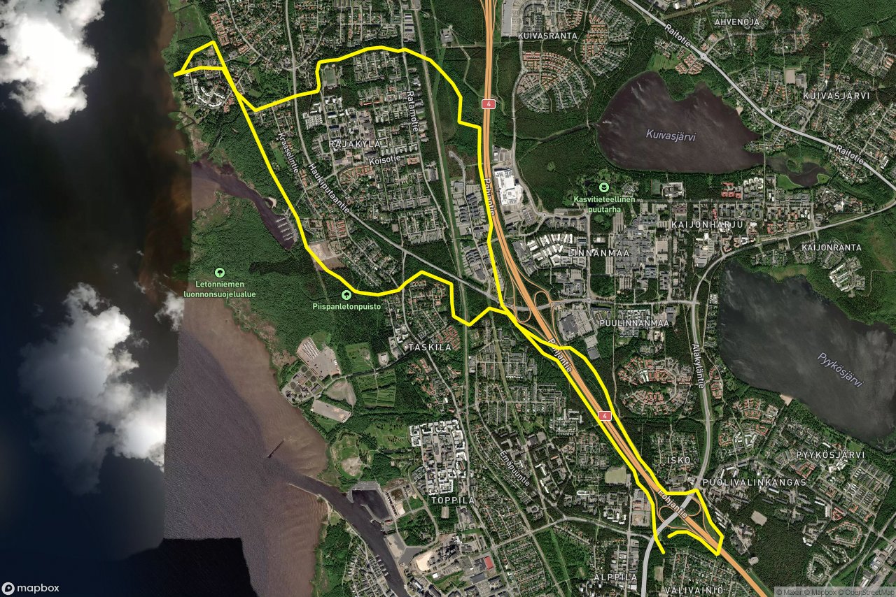 Aaltosenpolku – Hämäläntie 16 km loop seen over 3D terrain