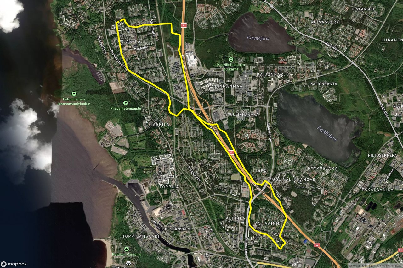 Aaltosenpolku – Varstatie 14 km loop seen over 3D terrain