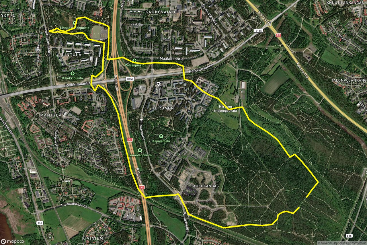 Haukanpolun alikulkukäytävä – Mäntylänpolun alikulkukäytävä 9 km loop seen over 3D terrain