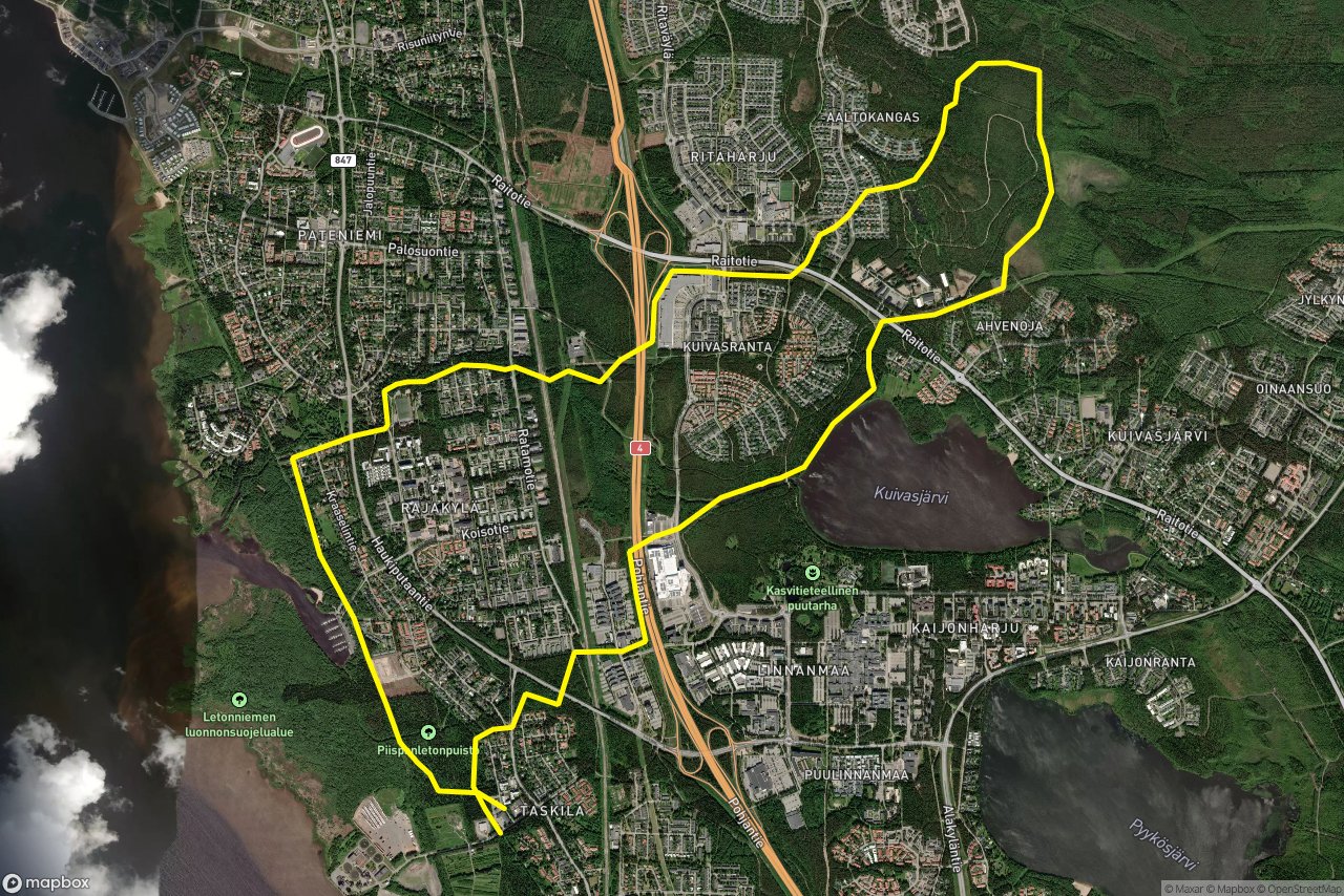 Kuntorata Auranmaja - Vahtola - Niittyaro – Suolamännynpolku 16 km loop seen over 3D terrain