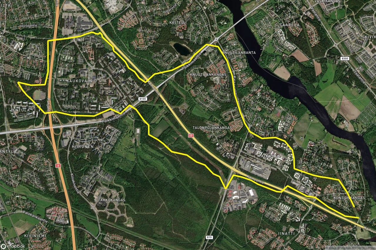Maakotkantie – Oulunlahdentie 16 km loop seen over 3D terrain