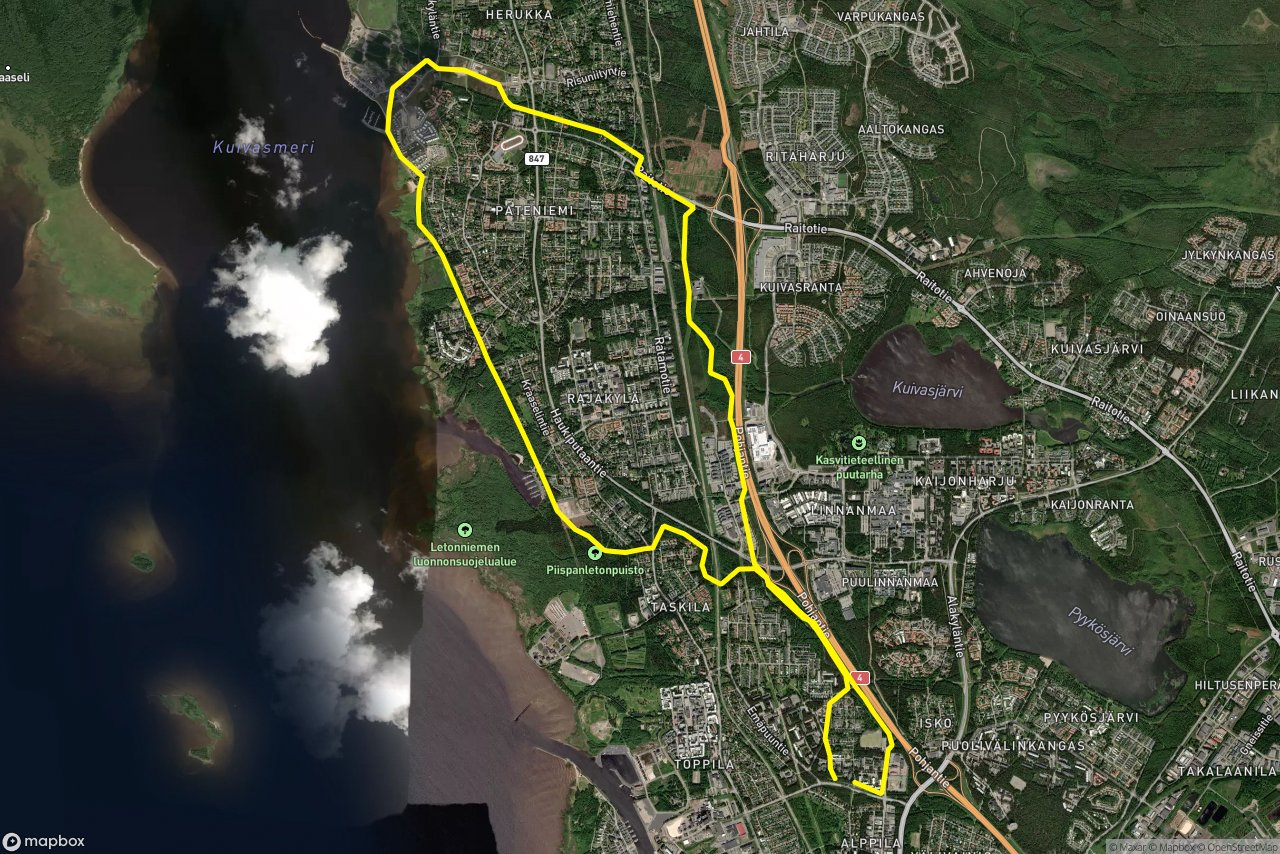 Pateniemen rantareitti – Aaltosenpolku 17 km loop seen over 3D terrain