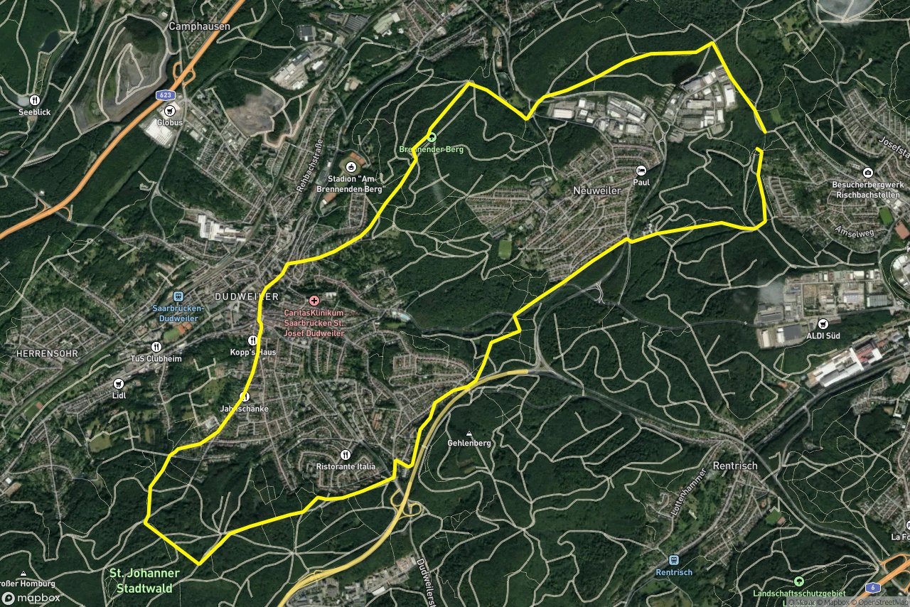 Alter Stadtweg – Neuweilerstraße 15 km loop seen over 3D terrain