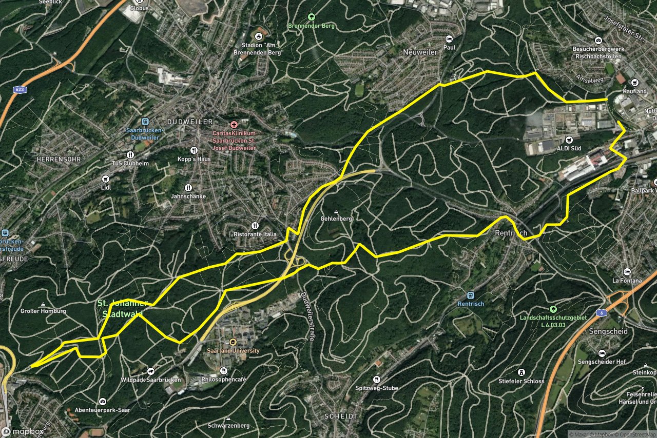 Blaue 5 – Schlangenweg 20 km loop seen over 3D terrain