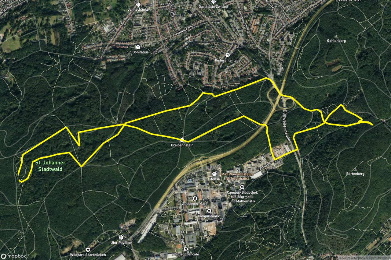 Hard Line schwarz – Flow Line rot 8 km loop seen over 3D terrain