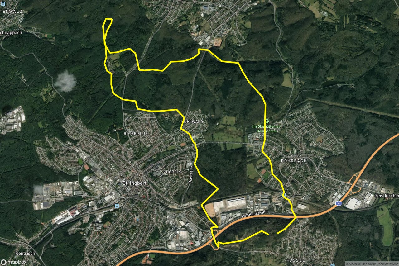 In den Königswiesen – St.Ingberter Flurstraße 19 km loop seen over 3D terrain