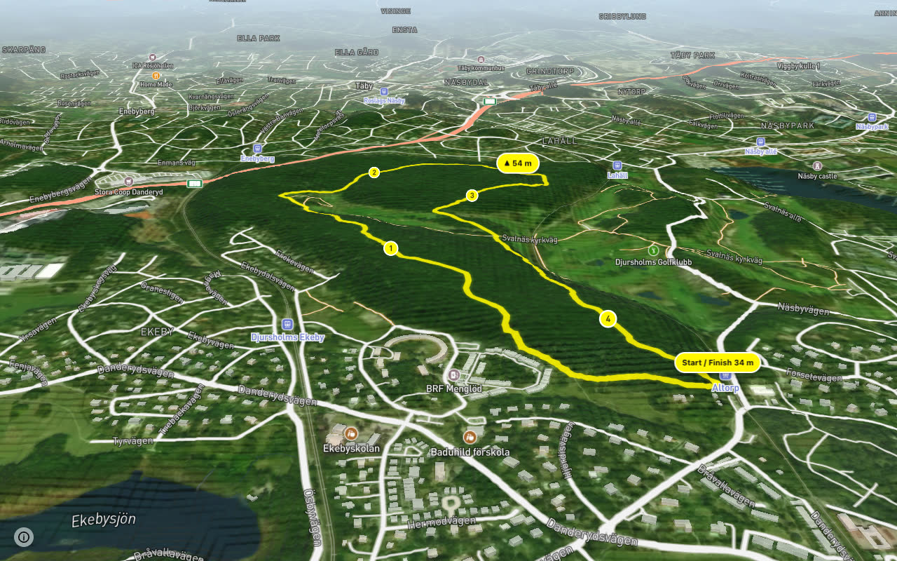 Altorp motionsspår (blå 4,2km) seen over 3D terrain