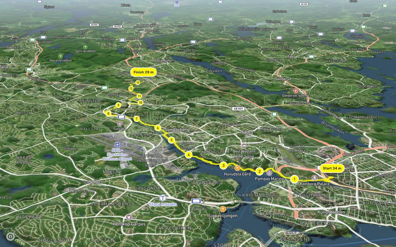 Cykelstråk Kista - Stockholm seen over 3D terrain