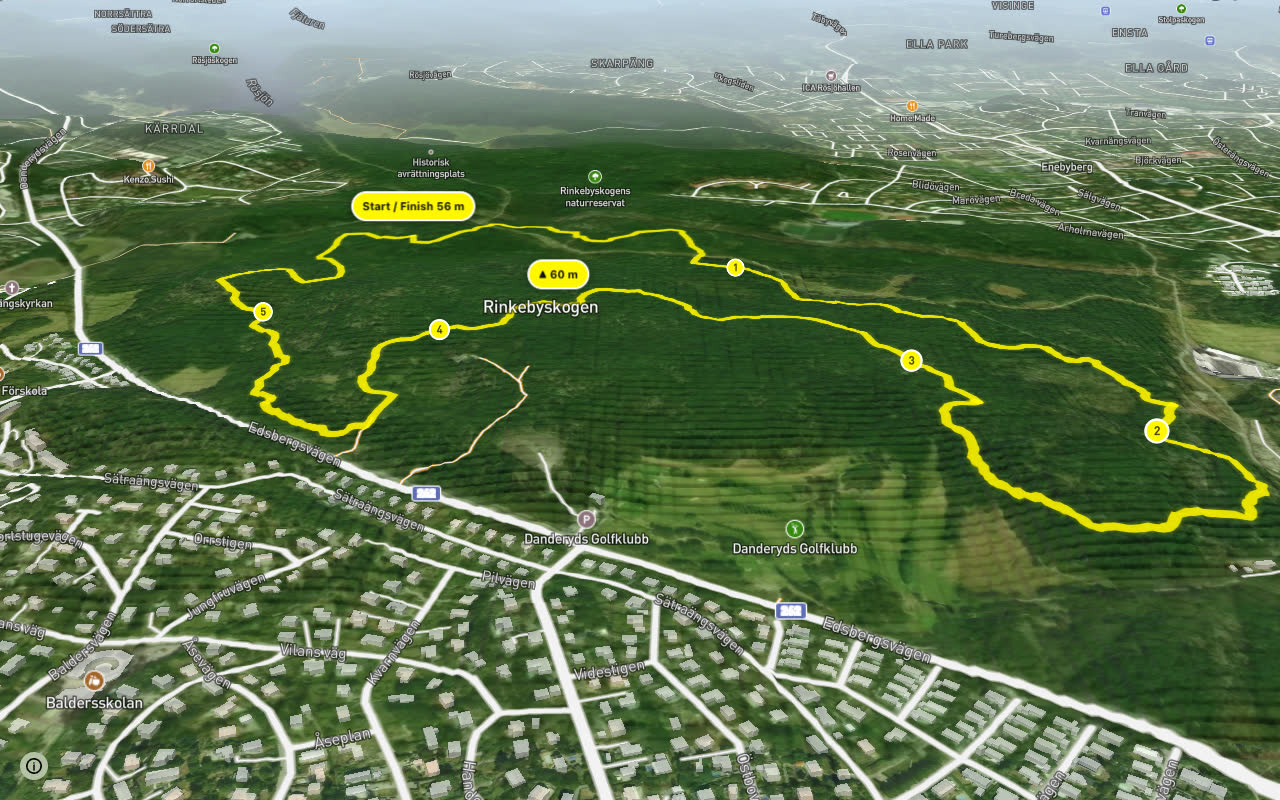 Gröna MTB-slingan seen over 3D terrain