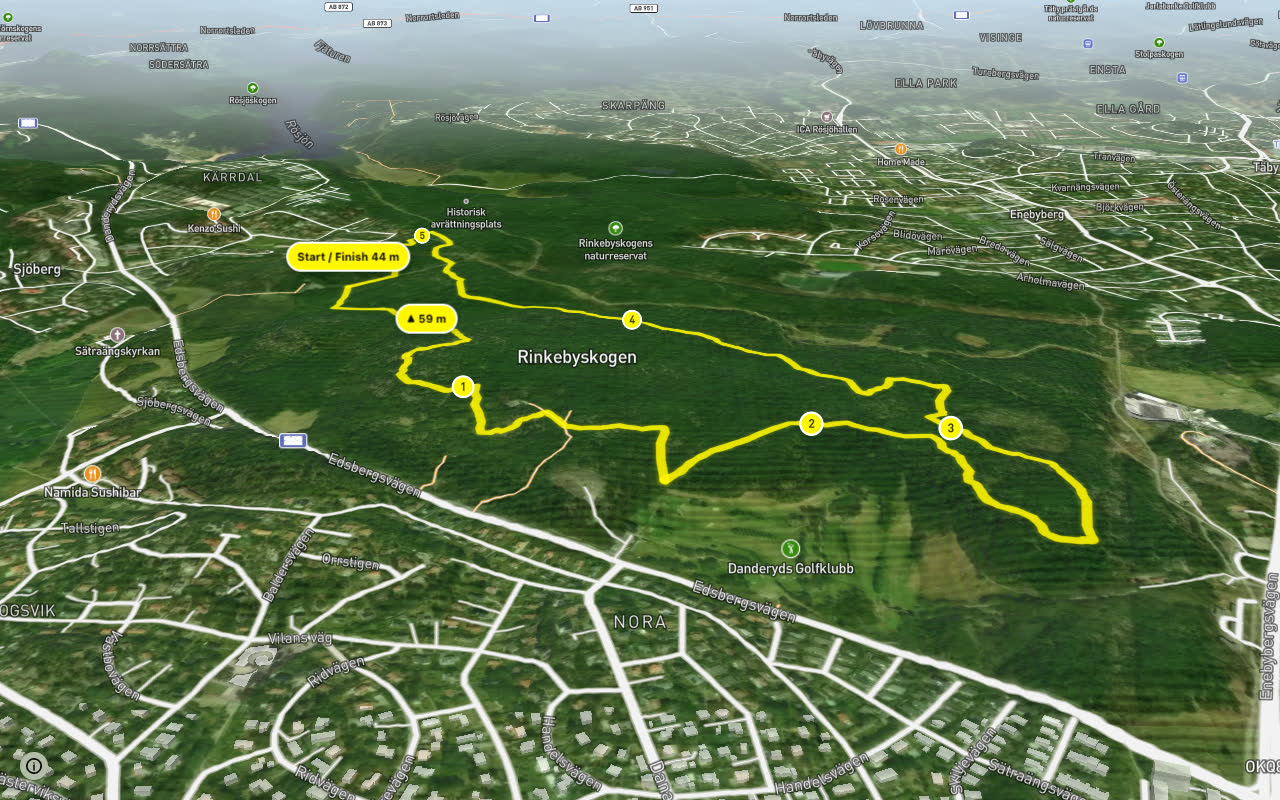 Gula MTB-slingan seen over 3D terrain