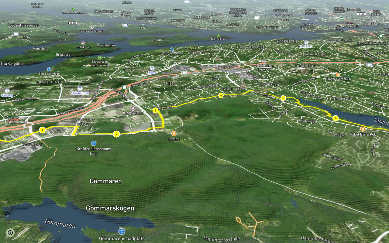 Huddinge cykelturnät (3) seen over 3D terrain
