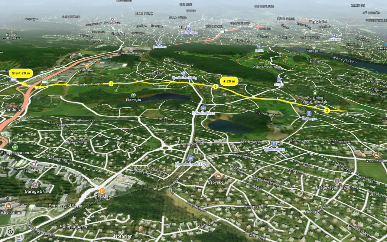Huvudcykelstråk längs Danderydsvägen seen over 3D terrain